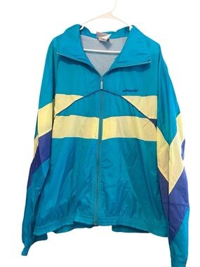Vtg 90's Adidas Trefoil Turquoise Yellow Blue Colorblock Nylon Track Jacket XL